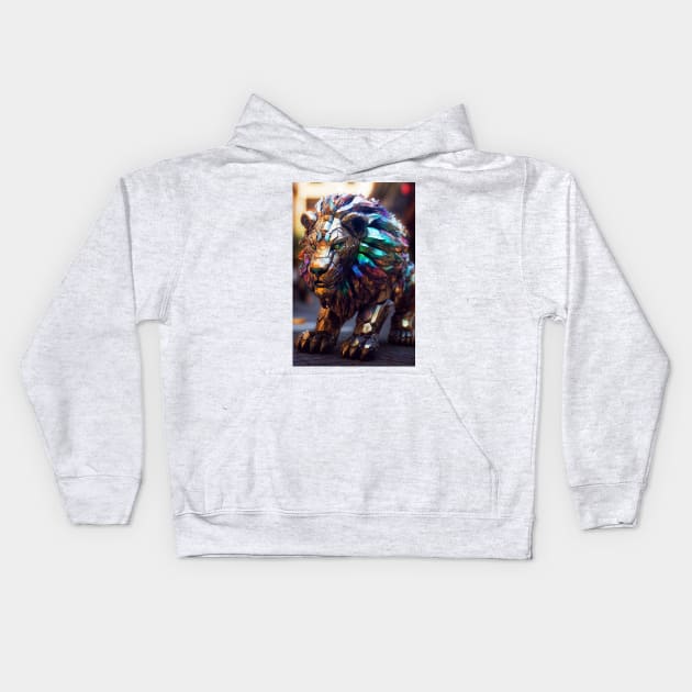 Iridescent Robot Lion Kids Hoodie by berubettoart